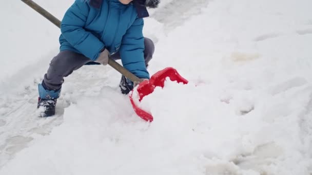 Griff Eines Schneesturms Zeigt Eine Kindliche Anstrengung Den Weg Reinigen — Stockvideo