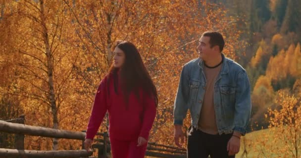 Mann Und Frau Genießen Einen Gemütlichen Spaziergang Einem Herbstlichen Wald — Stockvideo