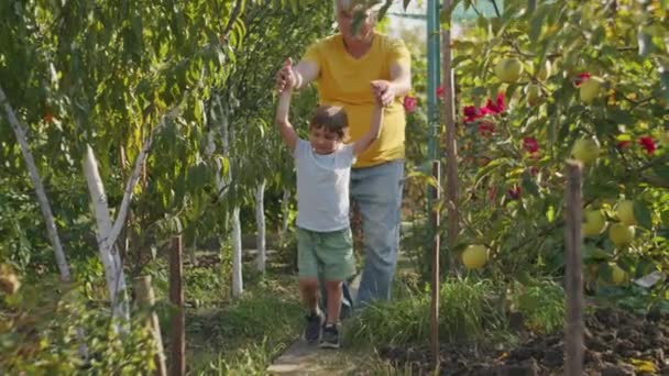 Grootvader Leidt Een Jong Kind Door Een Weelderige Tuin Familie — Stockvideo