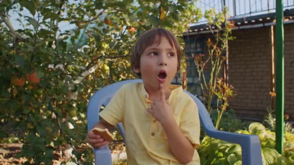 有思想的男孩 穿着黄色衬衫 花园里夹着三明治 沉迷和童年的概念 家庭生活文章 海报设计 — 图库视频影像