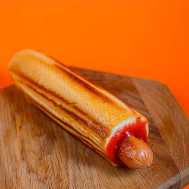 Kızarmış ekmeğe sarılı ızgara sosisli ve ahşap bir yüzey üzerinde ketçapla turuncu bir arka plan. Stüdyo yemek fotoğrafçılığı. Fast food ve abur cubur konsepti. Poster, pankart, menü, duvar kağıdı için tasarım