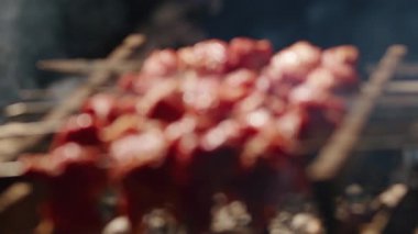 Izgara ızgarada mangal kömürü üzerinde pişen çiğ etle ızgara şişler ve yükselen dumanlar. Geleneksel açık hava yemeklerini yakından çek. Barbekü ve ızgara konsepti.