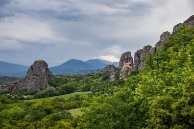 Yunanistan 'ın Meteora kentindeki yemyeşil yemyeşil yemyeşil bir bahçeyle çevrelenmiş Tepeler Arasındaki Saflarda Dikilmiş Üzüm bağları