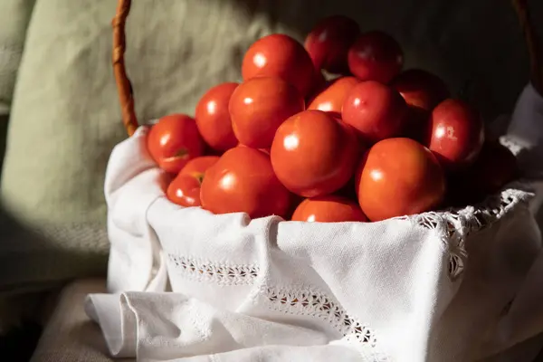 stock image Close-Up of Appetizing Red Tomatoes in a Woven Basket