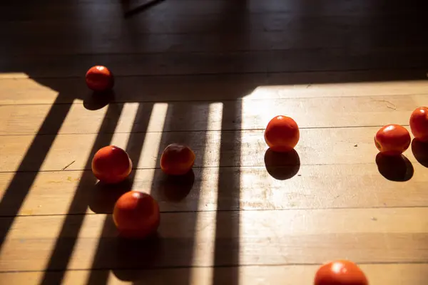 stock image Red Tomatoes on Wooden Floor Under Sunlight