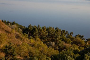 Etrafı Lush Trees, Grass ve Rocky Cliffs ile çevrili bir tepeden Serene Waterbody 'nin Hava Görüntüsü - Güzel Doğa Manzarası