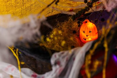 Ürkütücü bir gecede Kurukafa 'yla Korkunç Cadılar Bayramı Balkabağı. Cadılar Bayramı Sahnesi Balkabakları, Kurukafalar ve Neşeli Atmosfer İçin Örümcek Ağları