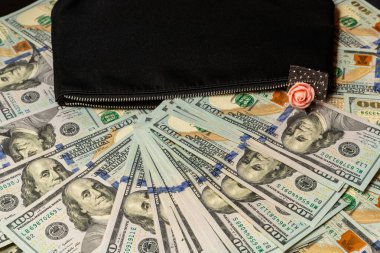İçinde 100 dolarlık banknotlar ve çiçek dekoru olan siyah bir cüzdan. Bir kadın için hediye.
