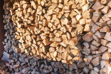 Yığılmış odun kütükleri güneş ışığıyla aydınlatılarak kırsal bir kış dokusu oluşturur.