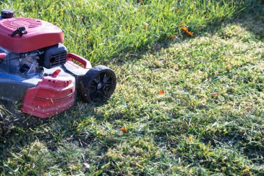 Güneşli bir günde bir çim biçme makinesinin yakın çekimi