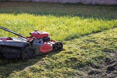 Arka bahçedeki çim biçme makinesiyle çim biçen adam.