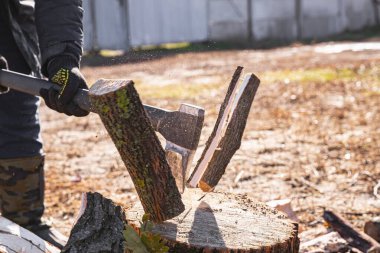 Güneşli bir günde Balta Vuruşu Uçan Tahta Parçacıklarıyla Odun Kırma Hareketi