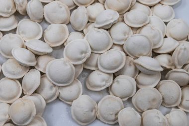 Beyaz arka planda donmuş ev yapımı hamur tatlısı, yemek pişirmek için geleneksel pelmeni