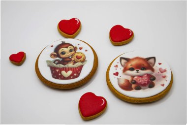 Gingerbread Cookies in the Shape of Hearts with a Fox Illustration on a White Background clipart