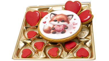 Gingerbread Cookies in the Shape of Hearts with a Fox Illustration on a White Background clipart