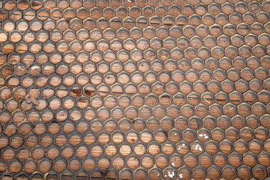 Ahşap yüzeyde toprak ve enkazla kaplanmış plastik bal peteği desenli hasırlar.