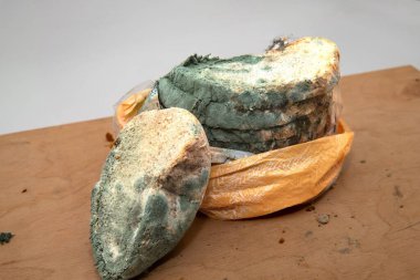 Ahşap bir yüzeyde küflü ekmek dilimi, bozulmuş gıda konsepti.