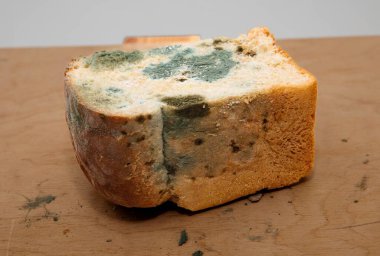 Ahşap bir yüzeyde küflü ekmek dilimi, bozulmuş gıda konsepti.