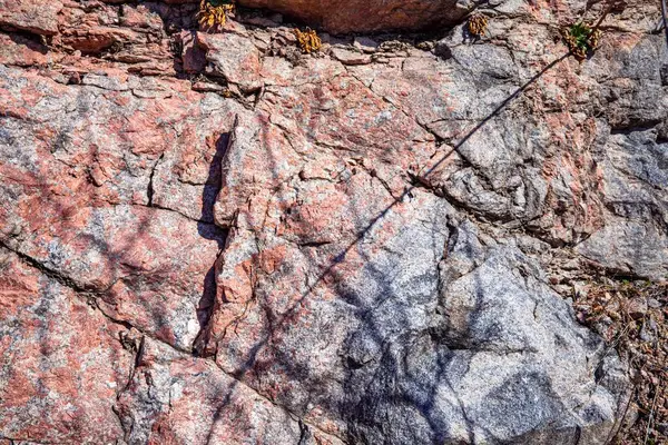 Doğal çatlaklar ve gölgeli pembe granit kaya dokusunun yakın çekimi, tasarım veya doğa temalı projeler için jeolojik arkaplan