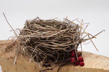 Ahşap yüzeydeki kuru dallardan yapılmış boş kuş yuvası, doğal bahar dekor elementi, yakın plan.