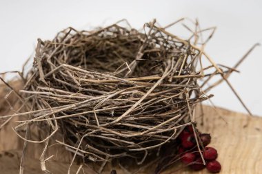 Ahşap yüzeydeki kuru dallardan yapılmış boş kuş yuvası, doğal bahar dekor elementi, yakın plan.