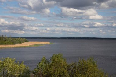 Ukrayna nehir manzarası ada, sazlıklar ve bulutlu gökyüzü