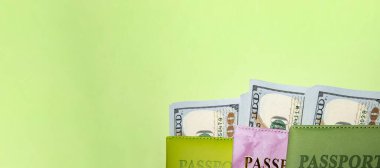 Yeşil arkaplanda parası olan renkli pasaportlar.