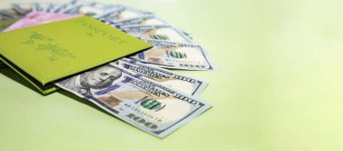 Fotokopi alanı ve seyahat bütçesi kavramına sahip yeşil arka plan için Amerikan doları içeren pasaport
