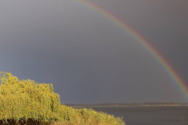 Göl üzerinde çift gökkuşağı, tekne ve yağmurdan sonra yeşil çimen.
