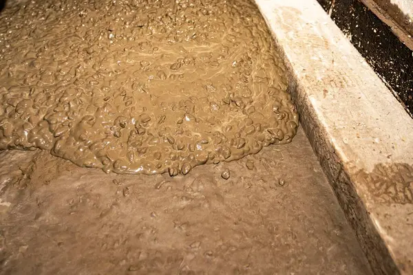 Bir binanın içine ıslak beton döktü. Kapalı çimento temelinin inşaat süreci.