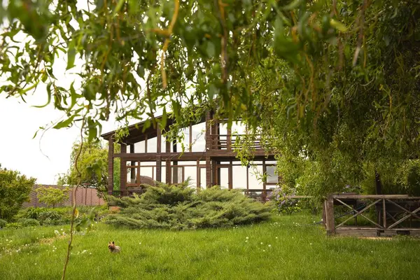 Eko ahşap ev, büyük cam pencereler ve kırsal alanda bahar leylak çalıları.