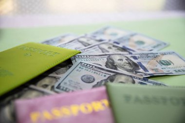 Amerikan doları ve renkli pasaportlar seyahat ve finans kavramı