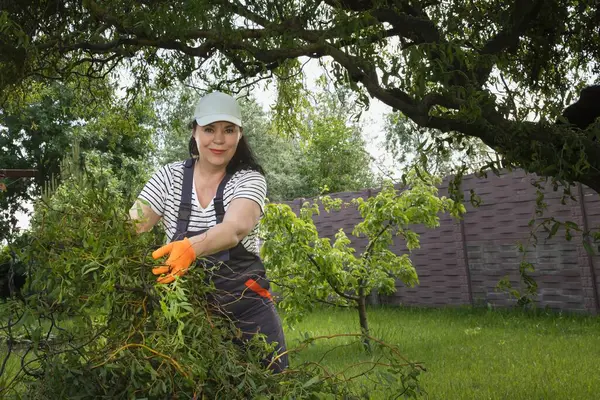 Güçlü bağımsız kadın bahçede çalışıyor ve yeşil atıkları temizliyor.