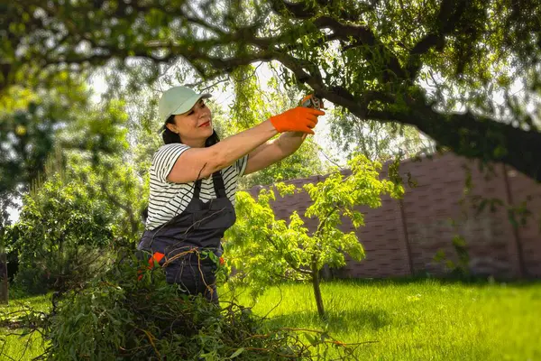 Güçlü bağımsız kadın bahçede çalışıyor ve yeşil atıkları temizliyor.