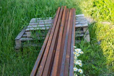 Uzun Paslı Çelik kiriş Yeşil Çimlerde Duvar ve Yaban çiçekleriyle