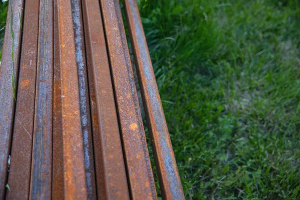 Uzun Paslı Çelik kiriş Yeşil Çimlerde Duvar ve Yaban çiçekleriyle