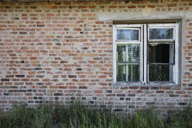 Kırık camları ve aşırı büyümüş çimenleri olan kırsal beyaz bir pencere çerçevesi olan yıpranmış kırmızı tuğla cephesinin yakın çekimi. Çürüme, mimari, miras ve doku temaları için ideal.