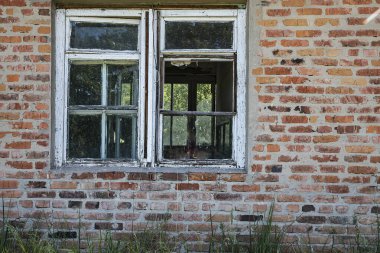Kırık camları ve aşırı büyümüş çimenleri olan kırsal beyaz bir pencere çerçevesi olan yıpranmış kırmızı tuğla cephesinin yakın çekimi. Çürüme, mimari, miras ve doku temaları için ideal.