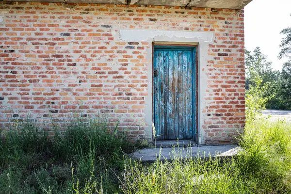 Eski kırmızı tuğladan bir duvarın çerçevelediği ve tabanında yabani otların büyüdüğü soyulmuş mavi ahşap bir kapının yakın çekimi. Mimarlık, mahsul, çürüme ve kırsal bölgeler için mükemmel temalar..