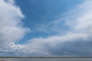 Yükselen kümülonimbus bulutlarının manzarası. Önünde uzun otlar olan huzurlu bir göl üzerinde şekilleniyor. Dramatik gökyüzü sakin su ve uzak yeşil ağaç çizgisiyle çelişiyor..