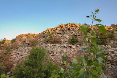 Engebeli taş dokularıyla görkemli kayalık yamaçlar ve sıcak akşam güneşiyle aydınlatılmış dağınık yeşil ağaçlar. Açık gökyüzü ve doğal manzara seyahat, jeoloji ve açık hava temaları için ideal.