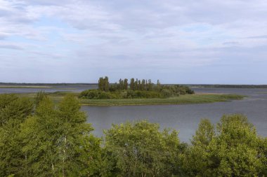 Yeşil adası ve bulutlu gökyüzü olan geniş bir nehir manzarası. Huzurlu doğa manzarası, yaz seyahati ve rahatlama konsepti.