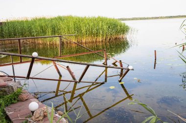 Suyun üzerinde nilüfer yaprakları yüzen sakin bir gölün kıyısında, yeşil kamışların yanındaki kırık ahşap ve metal iskele yapısı..