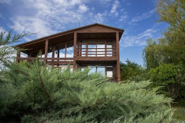 Doğal yeşil ardıç dalları ve açık mavi gökyüzü ile çevrili panoramik pencereli çevre dostu ahşap bir ev. Sürdürülebilirlik ve doğa ile uyum kavramı.