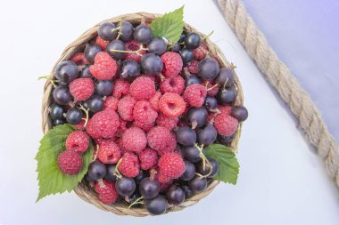 Taze ahududu ve siyah frenk üzümlerini sepete koyup beyaz ve eflatun bir zemin üzerinde iple kapatın. Yaz meyveleri ve sağlıklı yiyecekler.