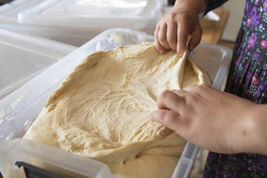 Plastik bir kabın içinde taze hamuru geren elleri kapatın. Çiğ hamur hamuru ile ev yapımı pişirme işlemi. Ekmek ya da pizza için..