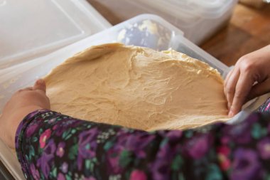 Plastik bir kabın içinde taze hamuru geren elleri kapatın. Çiğ hamur hamuru ile ev yapımı pişirme işlemi. Ekmek ya da pizza için..