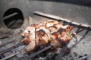 Mangal pikniği ve yaz yemeği temaları için mükemmel ızgara kömürlü soğan dilimli domuz şiş şiş.