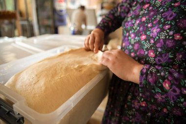 Plastik kabın içine hamur mayası koyan kadınların ellerini kapatın. Geleneksel aile yemekleri ve ev yapımı hamur işleri.