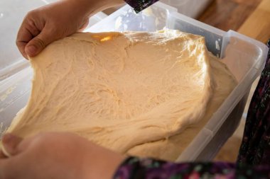 Plastik kabın içine hamur mayası koyan kadınların ellerini kapatın. Geleneksel aile yemekleri ve ev yapımı hamur işleri.